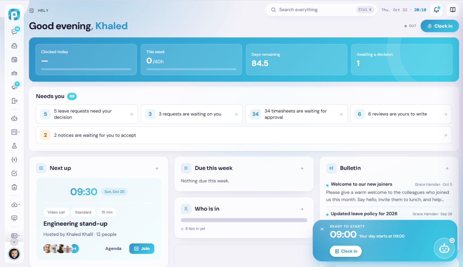 The workspace: chat, a live call with Sketchi open, and every hub in the sidebar